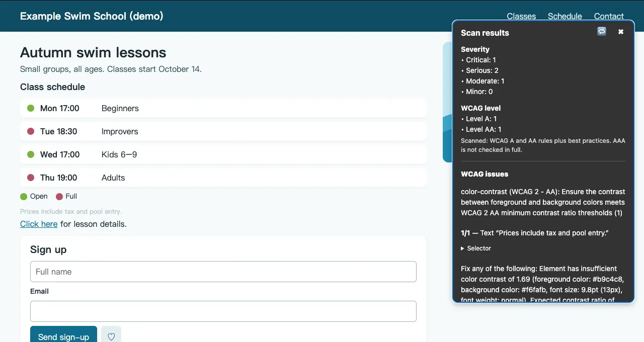 DevCheck scan results beside a fictional swim school page, with issues grouped by severity and WCAG level.