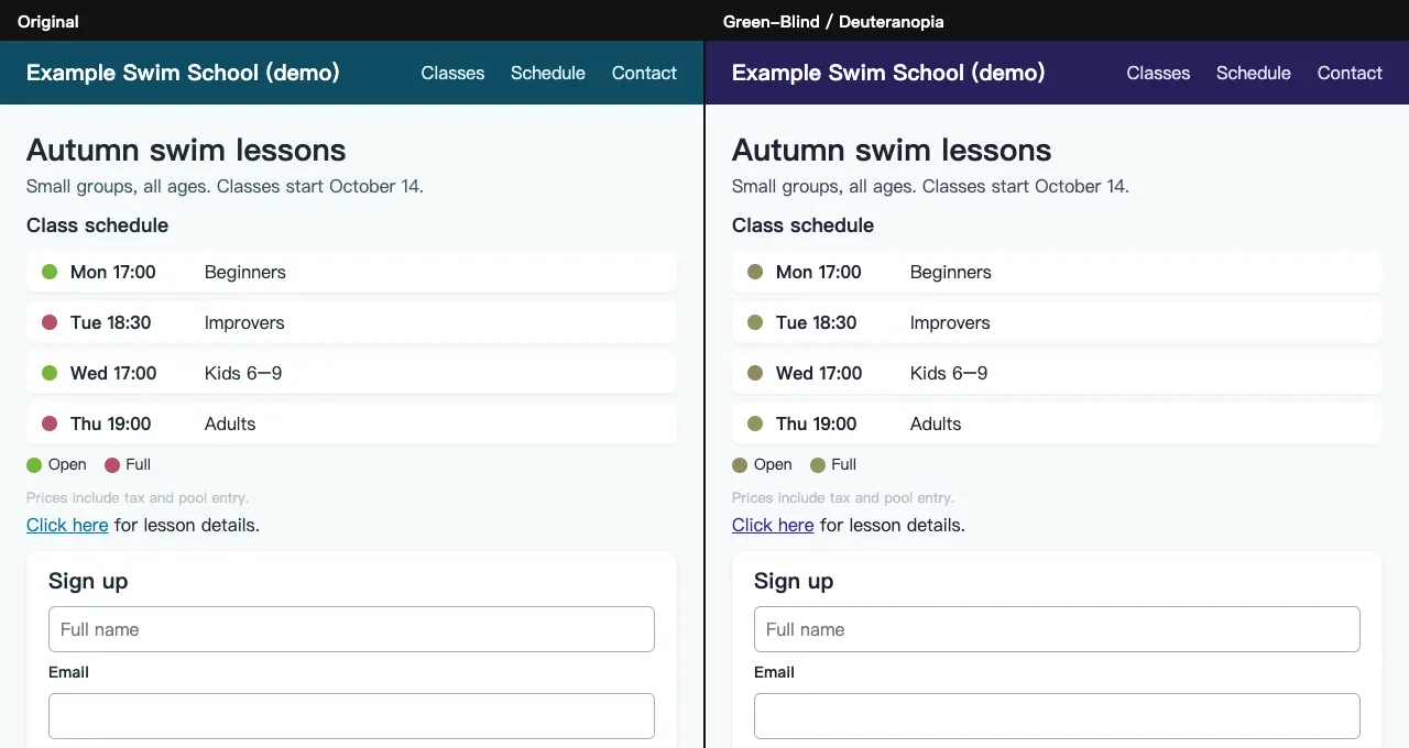 The class list shown as originally seen and with a green-blind simulation, where the Open and Full status dots look almost the same.