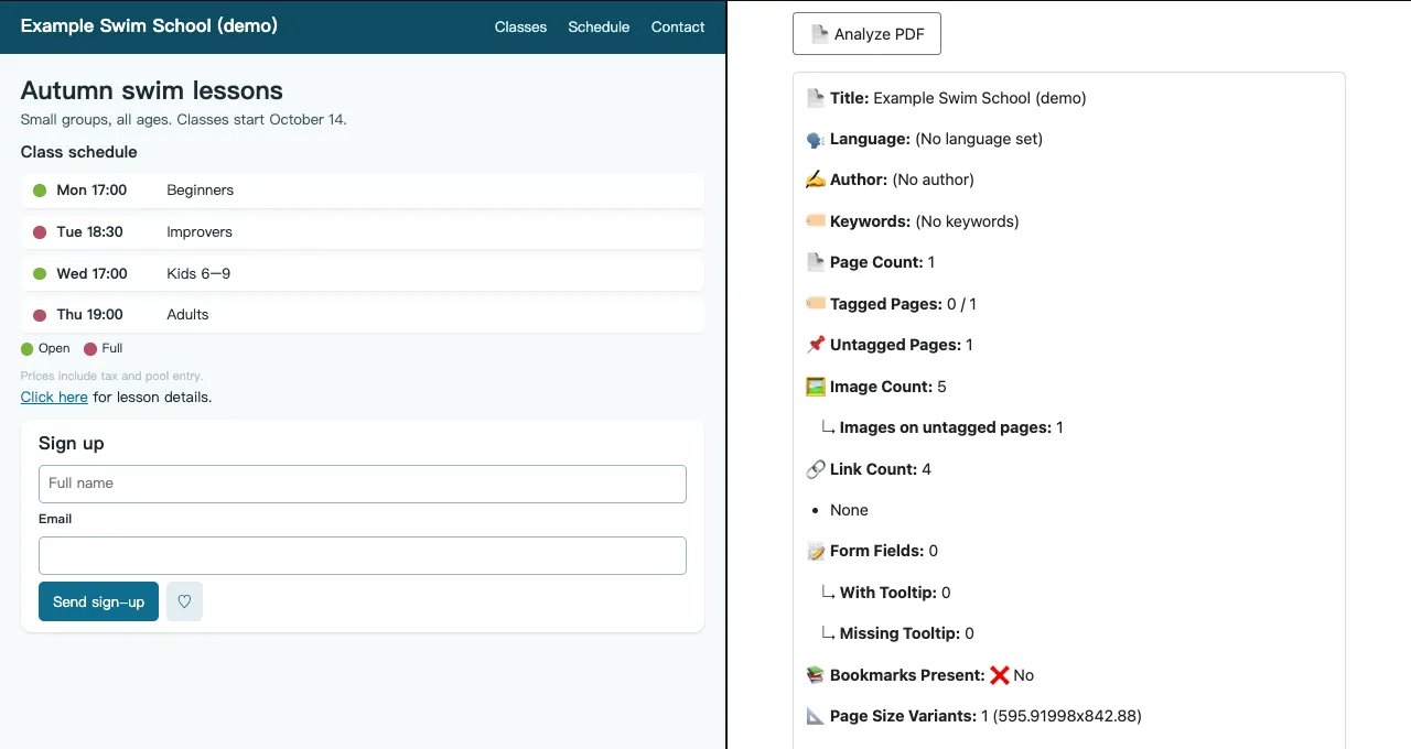 PDF check results for a local file, listing document language, tagged pages, images, links, form fields and bookmarks.