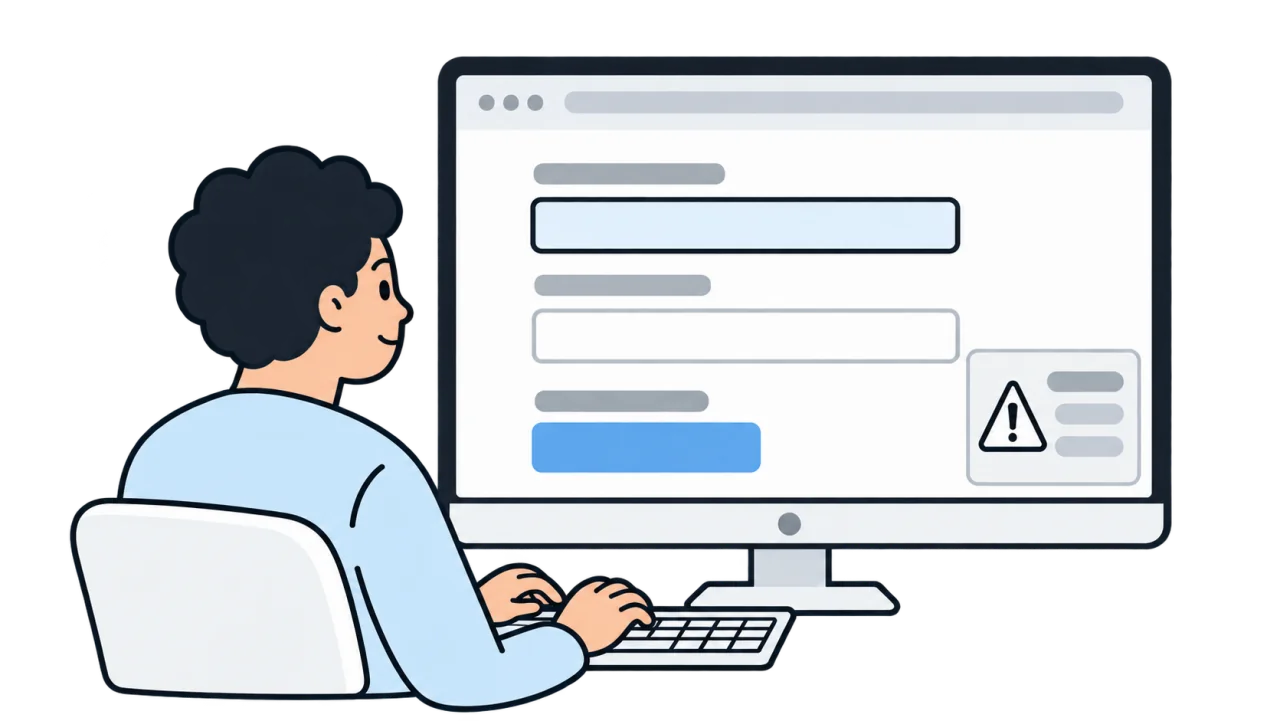 Concept illustration: a reviewer uses a keyboard to inspect a web form. One field has a visible focus outline, and a panel in the lower-right corner shows a triangular exclamation icon and inspection information.