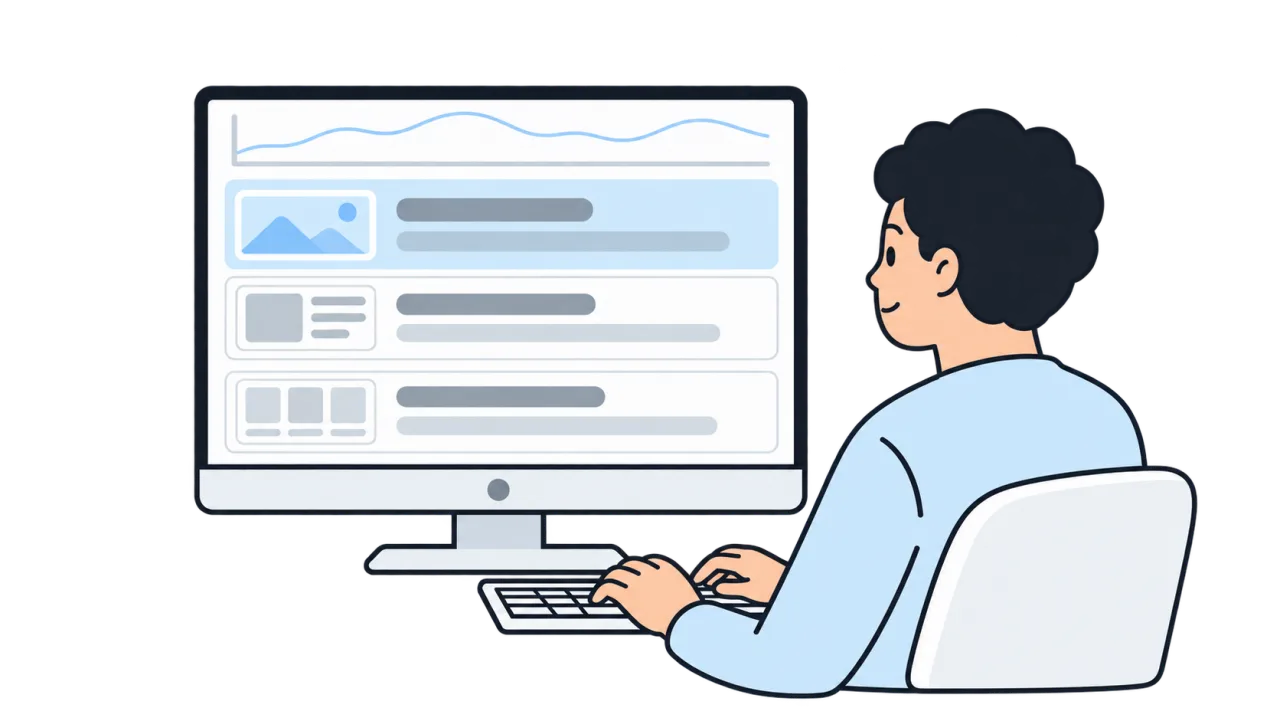 Concept illustration: a maintainer reviews a list of pages to check, with the first one highlighted as the priority.