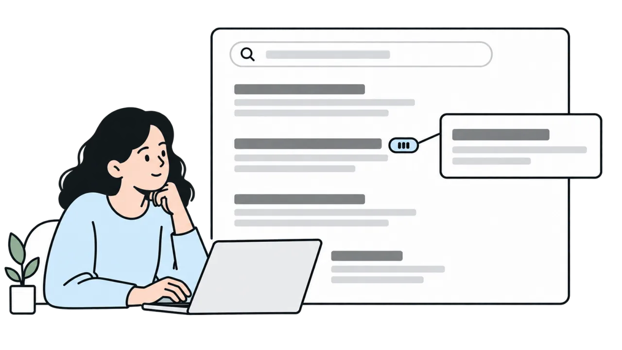 Concept illustration: a badge beside a search result opens a card with more information.