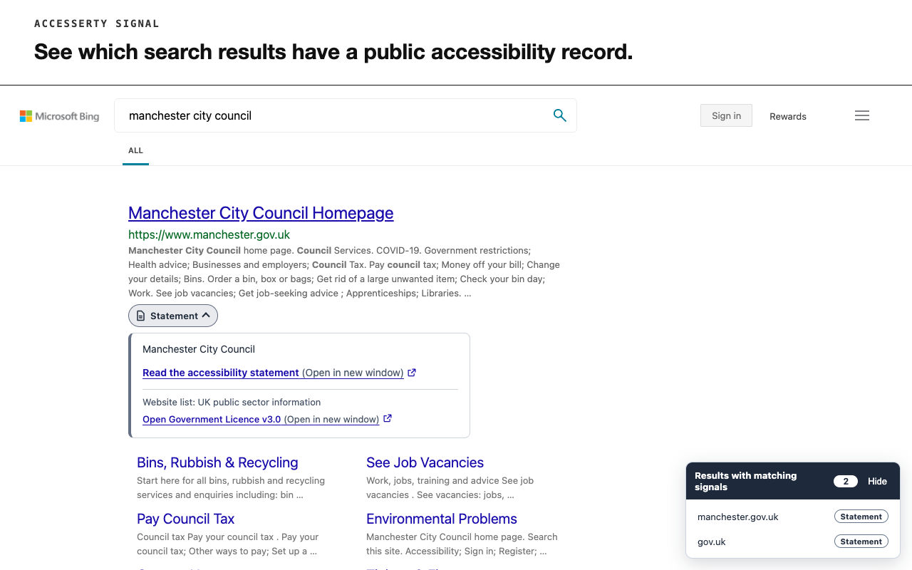 Bing results with Signal’s Statement badge expanded for Manchester City Council, showing the statement link and data source, plus the current page’s shortlist.