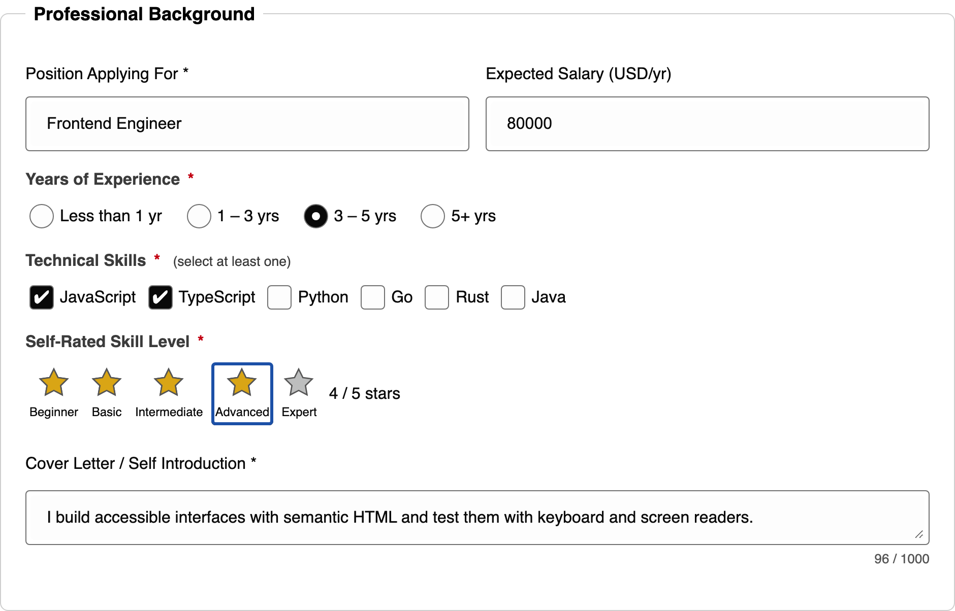 UI Kit form demo showing text inputs, radio buttons, checkboxes, a star rating with a visible keyboard focus outline, and a textarea.